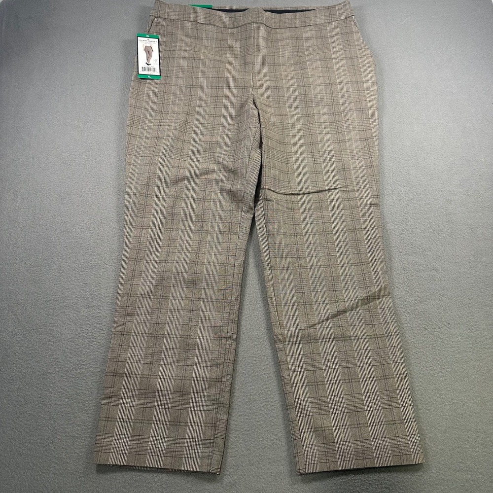Hilary Radley Womens XL Plaid Pull On Pants Tummy Control Cream Black D4598